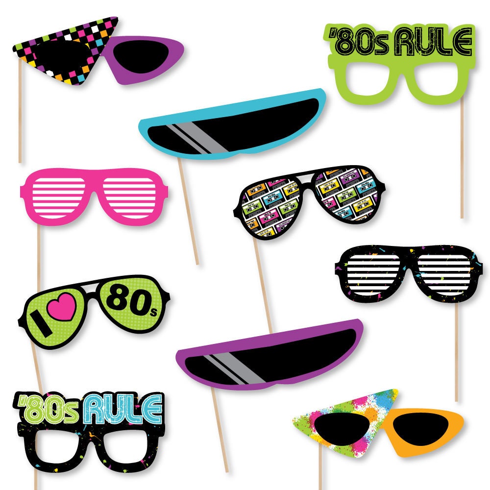 80s Retro Photo Booth Accessories Fun Selfie 1980s Decade Party Card Stock Paper Props Glasses Totally 1980s Photo Props 10