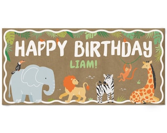 Personalized Safari Animals Kraft Paper Banner, Jungle Happy Birthday Party Banner, Custom Name Printed Brown Paper Party Sign – 1 Count