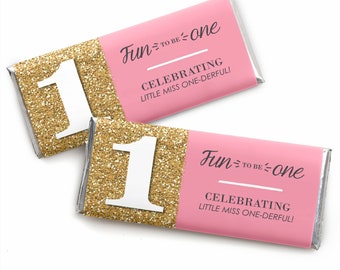 Fun to be One - 1st Birthday Girl Candy Bar Wrappers - First Birthday Party Favors - 24 Count