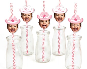 Custom Photo Pink First Rodeo - Cowgirl 1st Birthday Party Fun Face Paper Straw Decor - Set of 24