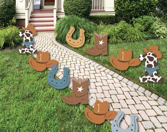 My First Rodeo - Cowboy Boots, Hat Horseshoe and Number 1 Lawn Decorations - Outdoor Little Cowboy 1st Birthday Party Yard Decor - 10 Piece