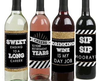 Happy Retirement - Wine Bottle Sticker Labels - Retirement Party Gifts for Men and Women - Set of 4 Sticker Labels