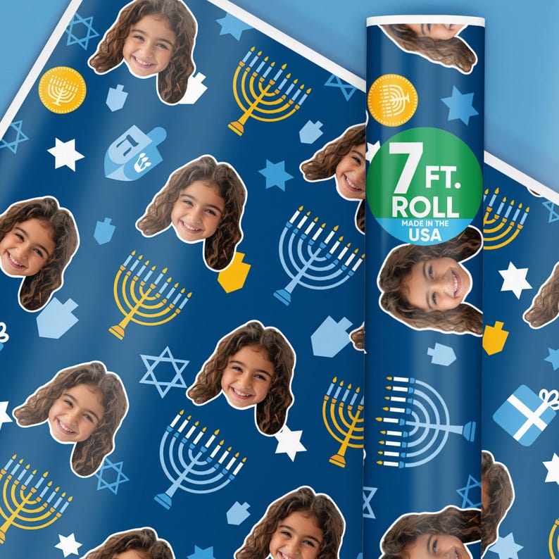 Hanukkah Menorah Fun Face, Personalized Photo Wrapping Paper, Funny Custom Face Hanukkah Gift Wrapping Paper Roll, 24 in x 7 feet image 1