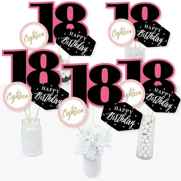 Chic 18th Birthday - Centerpiece Sticks - Pink, Black and Gold Birthday Party Table Toppers - 18th Birthday Party Supplies - 15 Ct.