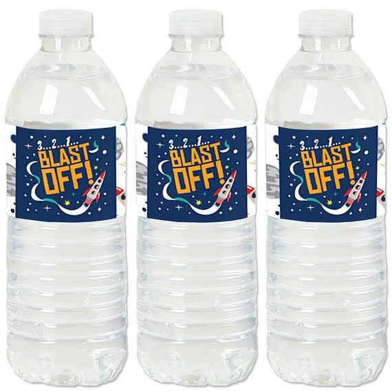 Blast Off to Outer Space - Water Bottle Labels - Rocket Ship Waterproof Self Stick Labels - Baby Shower & Birthday Favors - 20 Ct. Il_570xn