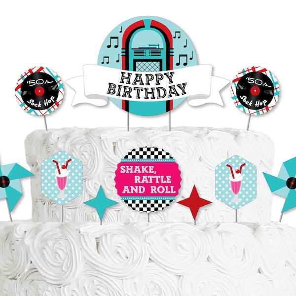 50’s Sock Hop - 1950s Rock N Roll Birthday Party Cake Decorating Kit - Happy Birthday Cake Topper Set - 11 Pieces