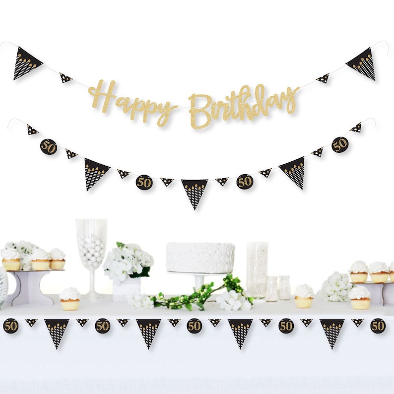 36 Banner Cutouts and No-Mess Real Gold Glitter Happy Birthday Banner Letters Birthday Letter Banner Decoration Gold 50th Birthday