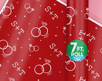Custom Cherry Red Wedding Wrapping Paper, Engagement and Anniversary Party Gift Wrap, Personalized with Couple's Initials, 24 in x 7 feet