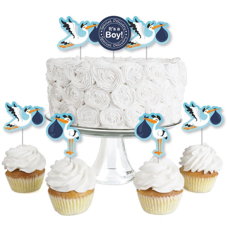 Stork Shaped Cut-Outs and Picks 24 Ct Dessert Cupcake Toppers Boy Stork Baby Shower Clear Treat Picks Boy Special Delivery