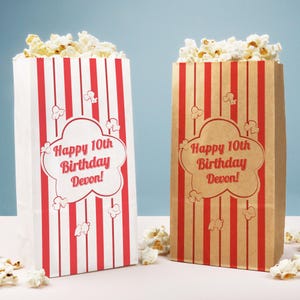 Personalized Movie Night Popcorn Bags, Custom Red Stripes Favor Snack Treats, Individual White or Kraft Brown Paper Bags - 25 or 100 Count