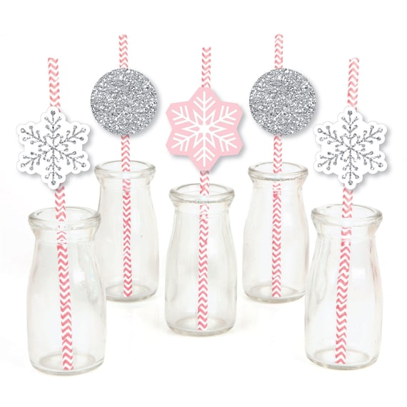 Pink Winter Wonderland - Die-Cut Straw Decor - Snowflake Holiday Party & Winter Wedding Paper Cut-Outs and Striped Paper Straws - 24 pc Il_570xn