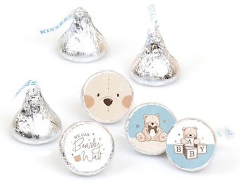 We Can Bearly Wait - Teddy Bear Baby Shower Round Candy Sticker Favors - Labels Fit Chocolate Candy (1 sheet of 108)