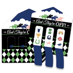 May include: A set of blue and white horse racing themed game cards. The cards have a black and green checkered background with a white cloud and horses in the background. The cards have the text "And They're Off!" on them.