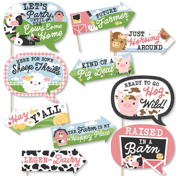 Funny Girl Farm Animals - Pink Barnyard Baby Shower or Birthday Party Photo Booth Props Kit - 10 Piece