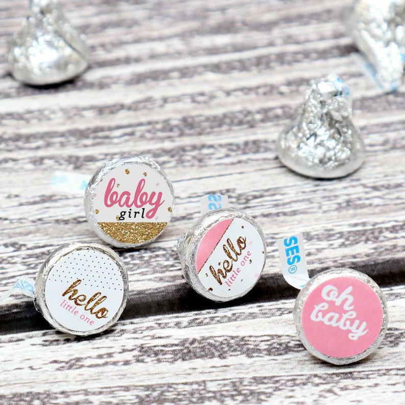 Hello Little One Pink and Gold Girl Baby Shower Party Round Candy Sticker Favors Labels Fit Chocolate Candy 1 sheet of 108 image 4