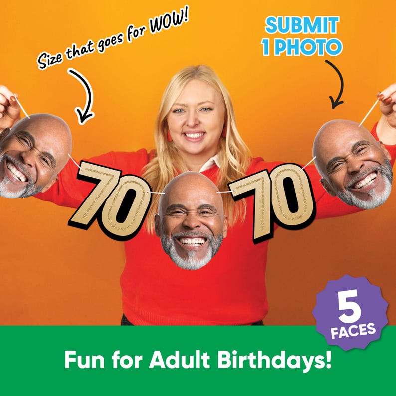 May include: A woman in a red sweater holds up five face cutouts and two "70" signs. The text "Fun for Adult Birthdays!" is at the bottom. The image also includes the text "Size that goes for WOW!" and "SUBMIT 1 PHOTO".