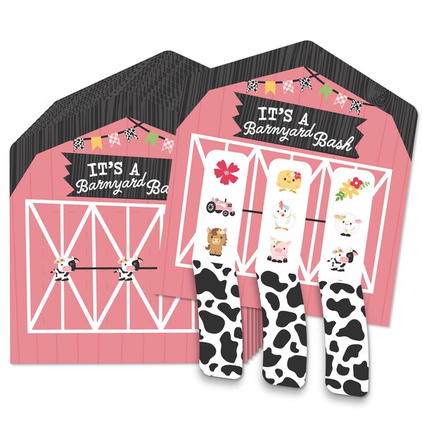 Girl Farm Animals - Pink Barnyard Baby Shower or Birthday Party Game Pickle Cards - Pull Tabs 3-in-a-Row - Set of 12