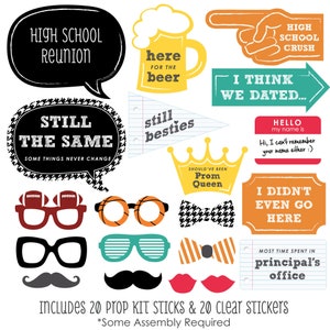 Class Reunion Photo Booth Props - Class Reunion with Mustache, Hat, Bow Tie, Glasses and Custom Talk Bubble - 20 Count