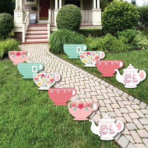 Floral Let’s Par-Tea - Tea Pot and Tea Cup Lawn Decorations - Outdoor Garden Tea Party Yard Decorations - 10 Piece