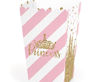 Little Princess Crown - Pink and Gold Princess Baby Shower or Birthday Party Favor Popcorn Treat Boxes - Set of 12