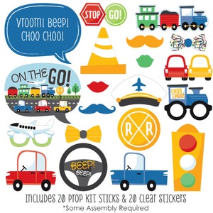 Cars, Trains, and Airplanes - Personalized Transportation Birthday Party Photo Booth Props Kit - 20 Count