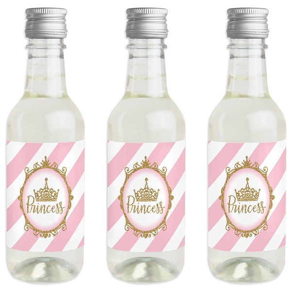 Little Princess Crown - Mini Wine and Champagne Bottle Label Stickers - Pink and Gold Princess Baby Shower or Birthday Favor Gift  - 16 Ct