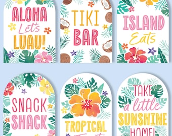 Hawaiian Luau Party Signs with Stand Set, Aloha Table Sign Bundle for Snack Food, Tiki Bar Drinks & Favors, Tropical Party Table Decor, 6 Ct