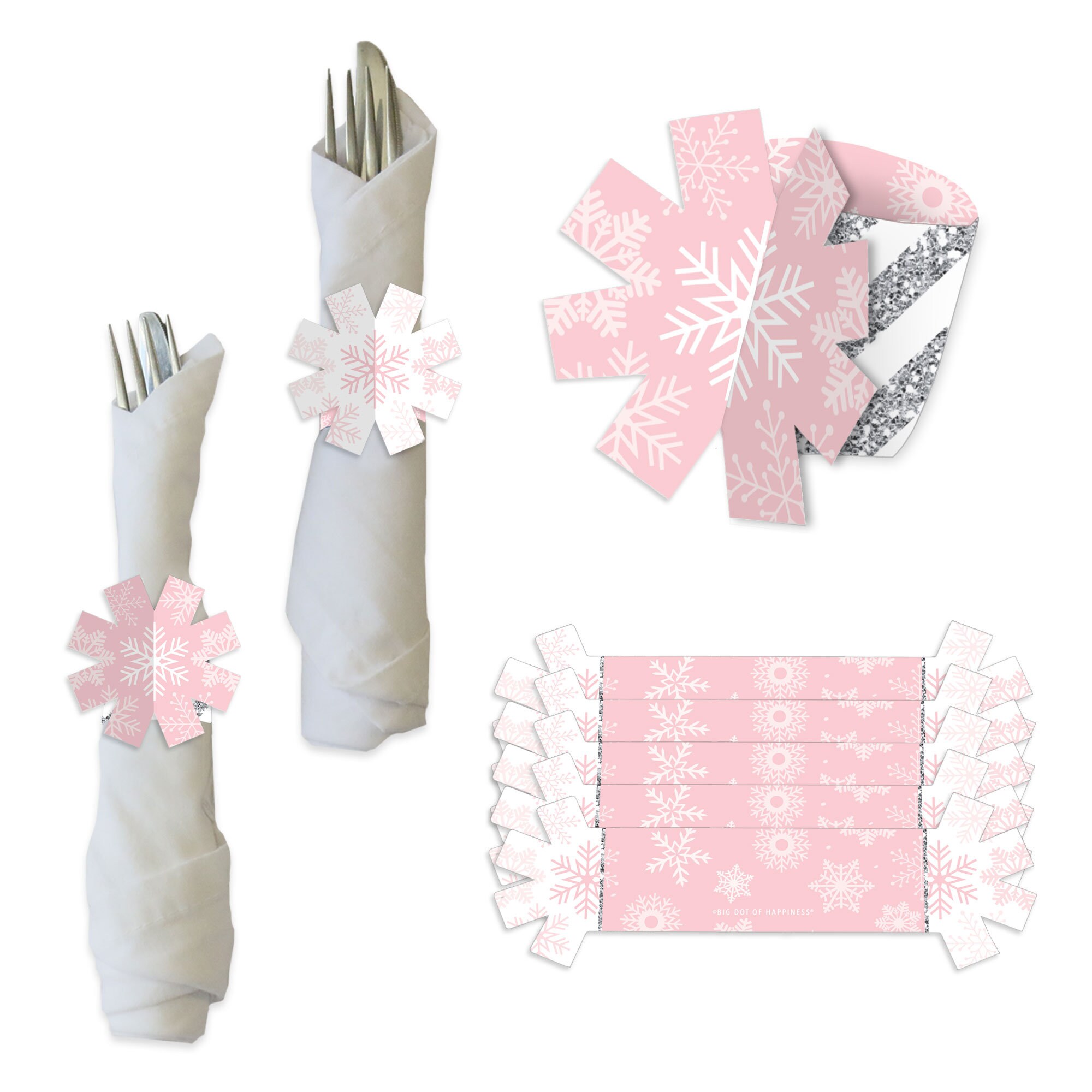 Pink Winter Wonderland Holiday Snowflake Birthday Party and Baby Shower Paper Napkin Holder Napkin Rings Set of 24