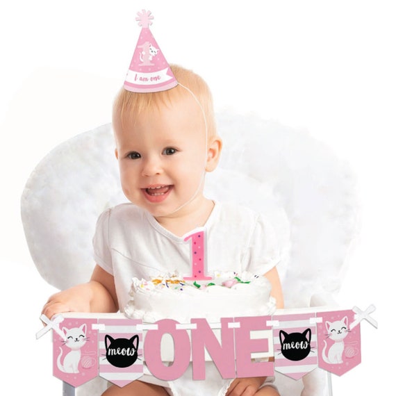 Purr-fect Kitty Cat - 1st Birthday Smash Cake Decoration Kit - High Chair Decor - Kitten High Chair Banner - Printed on Heavy Cardstock Il_570xn