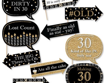 Funny Adult 30th Birthday Photo Booth Props - Gold Photobooth Prop Kit - Thirtieth Birthday Party Prop Kit - 10 Photo Props & Dowels