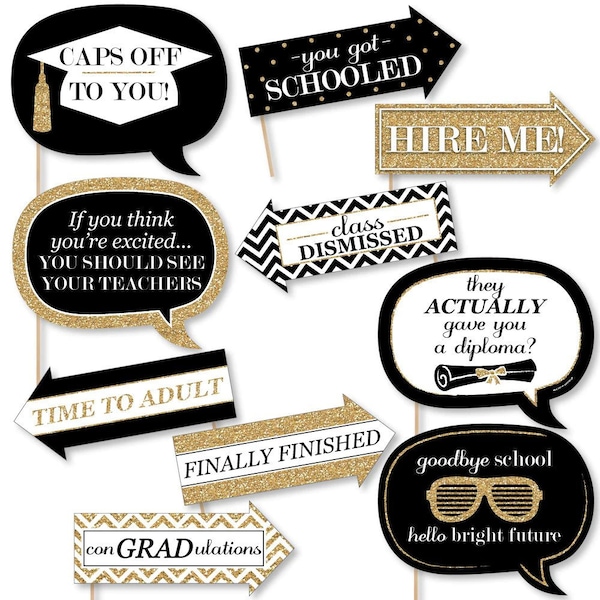 Funny Graduation Photo Booth Props - Tassel Worth the Hassle Gold - Graduation Party Photo Booth Prop Kit - 10 Photo Props