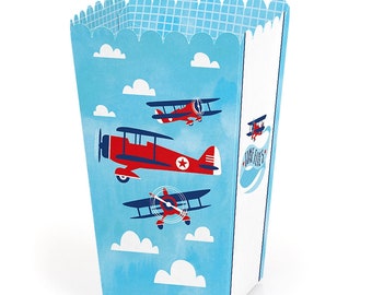 Taking Flight - Airplane - Vintage Plane Baby Shower or Birthday Party Favor Popcorn Treat Boxes - Set of 12