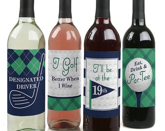 Golf Wine Bottle Labels - Par-Tee Time Golf Wine Labels for Birthday or Retirement Party - Gifts for Women and Men - Set of 4 Sticker Labels