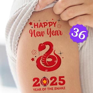2025 Lunar New Year Temporary Tattoos, Chinese New Year Party Favors for Kids and Adults, 2025 Year of the Snake Temporary Tattoos Set of 12
