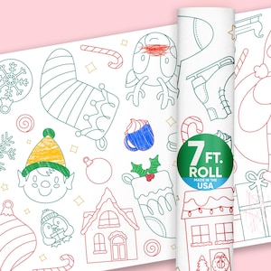 May include: White roll of wrapping paper with a repeating Christmas-themed design in green, red, and blue. The design includes an elf, ornaments, a stocking, and a house. The roll is 7 ft. long and made in the USA.