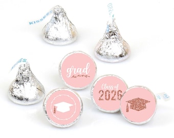 Rose Gold Grad - 2026 Graduation Party Round Candy Sticker Favors - Labels Fit Chocolate Candy (1 Sheet of 108)