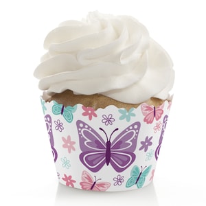 Beautiful Butterfly - Floral Baby Shower or Birthday Decorations - Party Cupcake Wrappers - Set of 12