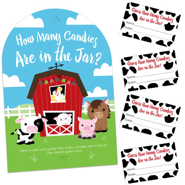 Farm Animals - How Many Candies Barnyard Baby Shower or Birthday Party Game - 1 Stand and 40 Cards - Candy Guessing Game