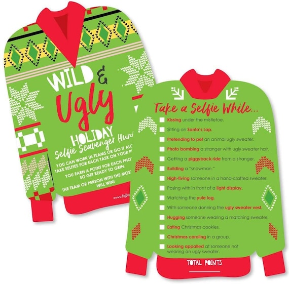 Wild and Ugly Sweater Party - Selfie Scavenger Hunt - Holiday and Christmas Animals Party Game - Set of 12 Il_570xn