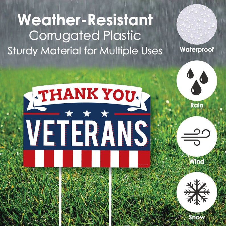 Puede incluir: Un cartel de jard&iacute;n de pl&aacute;stico corrugado rojo, blanco y azul con el texto "THANK YOU VETERANS". El cartel es resistente a la intemperie y adecuado para m&uacute;ltiples usos.