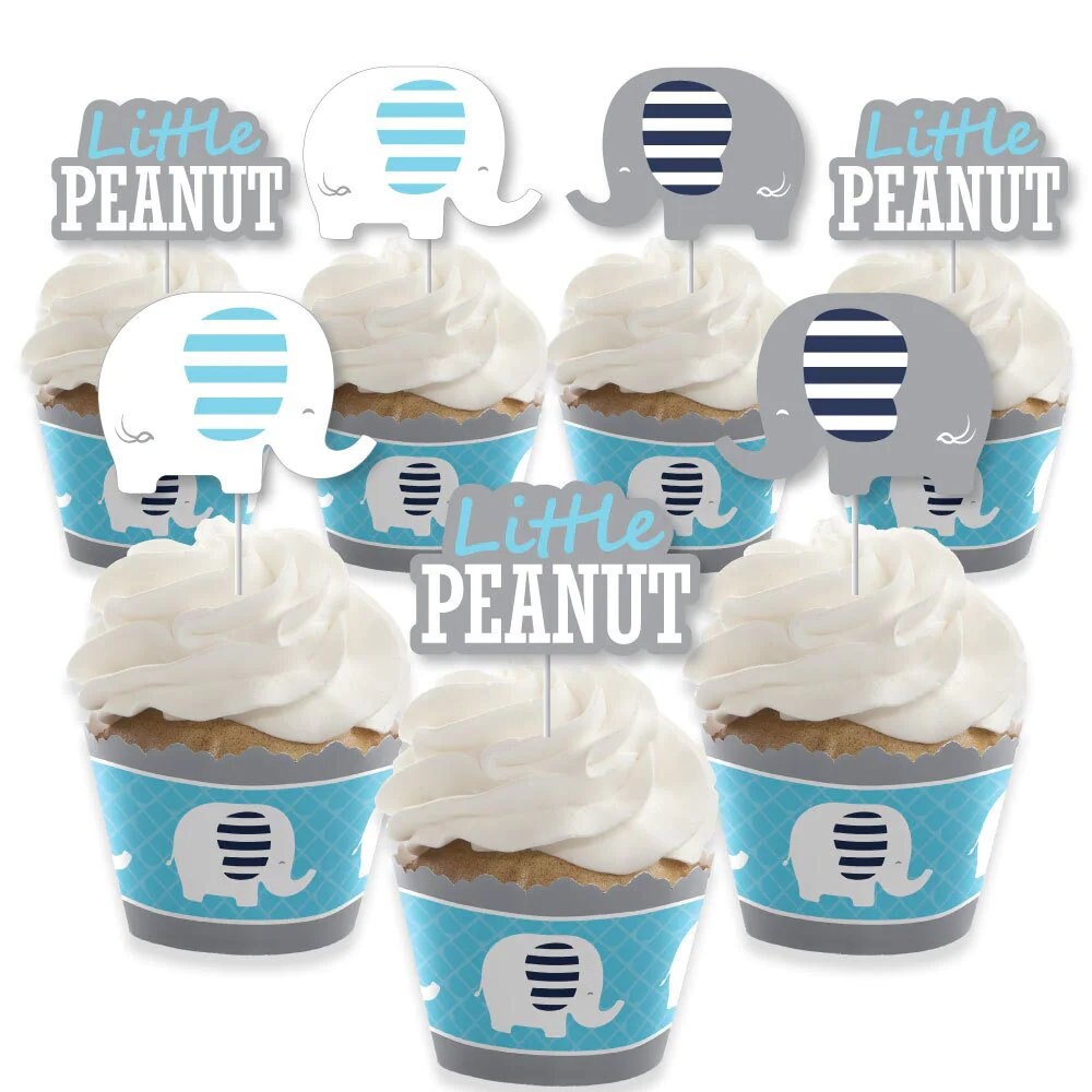 Blue Elephant Cupcake Decoration Boy Elephant Baby Shower or Birthday Party Cupcake Wrappers and Treat Picks Kit Set of 24