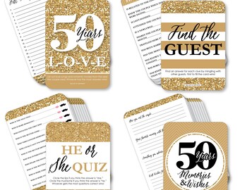 Peut inclure: Cartes de jeu dorées à paillettes pour une fête de 50e anniversaire. Les cartes proposent différentes idées de jeux, notamment "Trouver l'invité", "Quiz il ou elle" et "50 ans de souvenirs et de vœux".