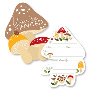 May include: Mushroom-shaped invitations with the text "You're Invited" on the front. The back of the invitation has lines for writing the details of the event, such as the date, time, place, and RSVP information.