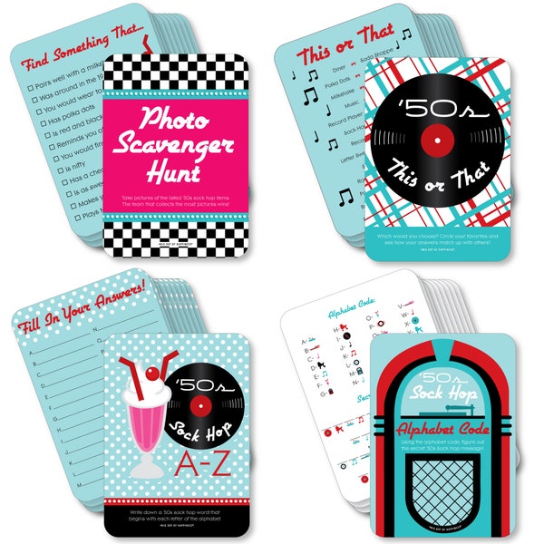 50’s Sock Hop - 4 1950s Rock N Roll Party Games - 10 Cards Each - Gamerific Bundle