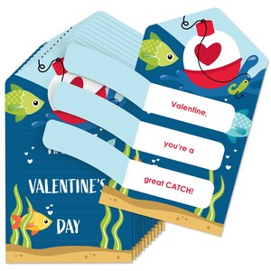 May include: A stack of blue and yellow Valentine's Day cards with a fishing theme. The cards feature a red and white fishing bobber with a heart, a fish, and the text "Valentine, you're a great CATCH!"