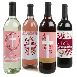 First Communion Pink Elegant Cross - Girl Religious Party Decorations for Women and Men - Wine Gifts for Men and Women - 4 Sticker Labels