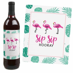 Pink Flamingo Wine Bottle Labels - Tropical Summer Party Wine Labels ...