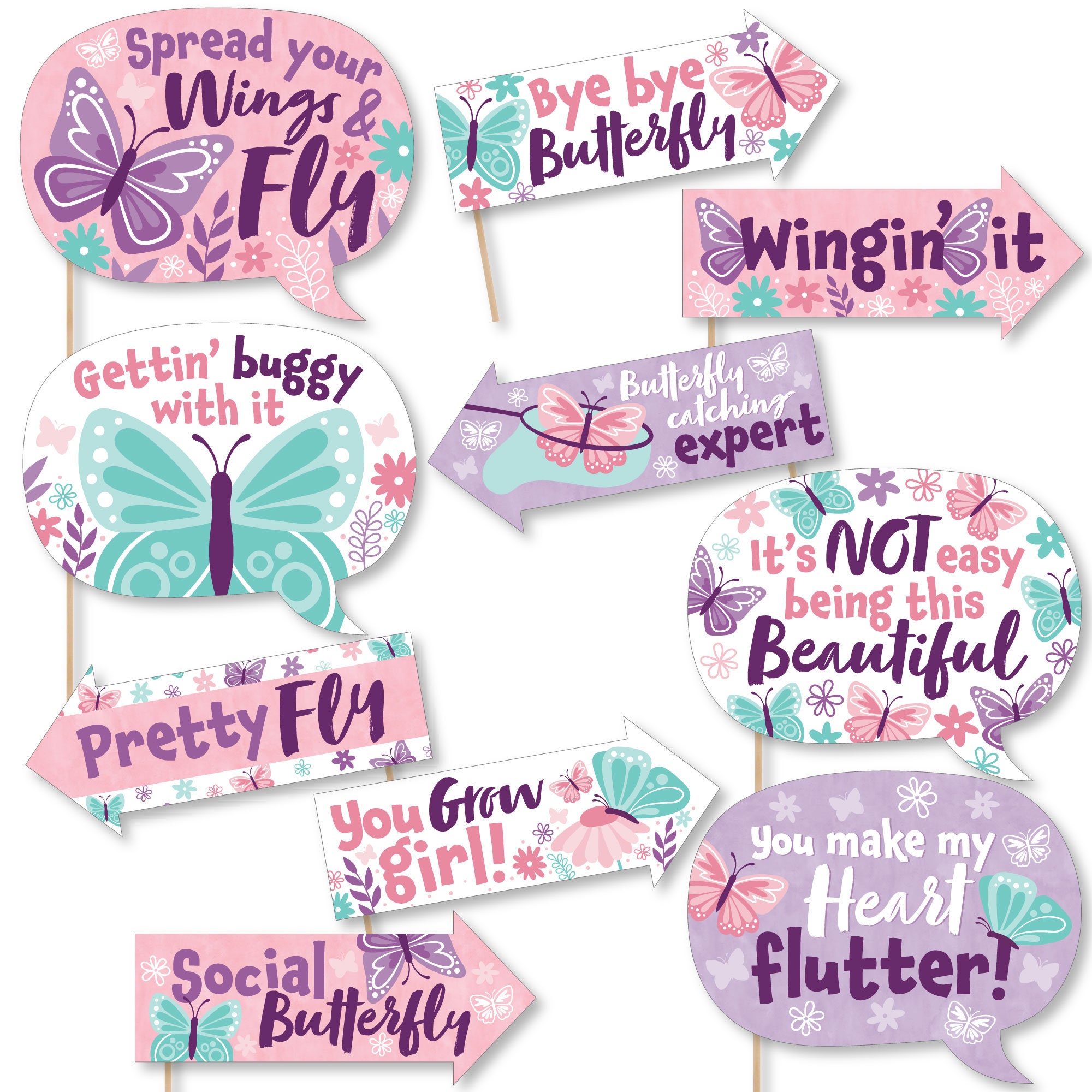 Funny Beautiful Butterfly Floral Baby Shower or Birthday Photo Booth Props Kit 10 Piece