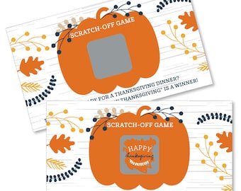 May include: Two Thanksgiving-themed scratch-off game cards. Each card features an orange pumpkin design with the text "SCRATCH-OFF GAME". The text "HAPPY thanksgiving" is revealed on one card. Decorative leaves and branches are also present.