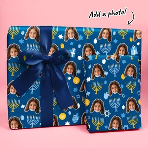 Hanukkah Menorah Fun Face, Personalized Photo Wrapping Paper, Funny Custom Face Hanukkah Gift Wrapping Paper Roll, 24 in x 7 feet image 2